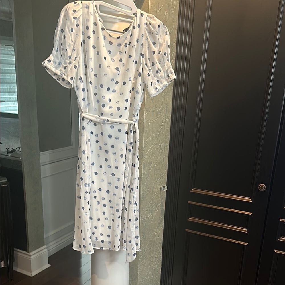 Dkny Cream Wrap Midi Dress with Puff Sleeves